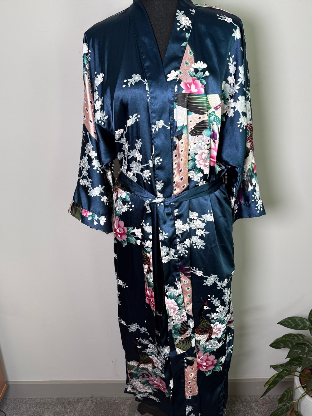 Kim + Ono Long Kimono Robe Navy Satin Cherry Blossom Peacock Loungewear Artsy OS